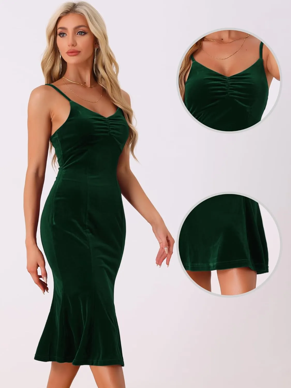 Allegra K Velvet Dress for Women's Christmas Spaghetti Straps V Neck Fishtail Evening Cocktail Dress