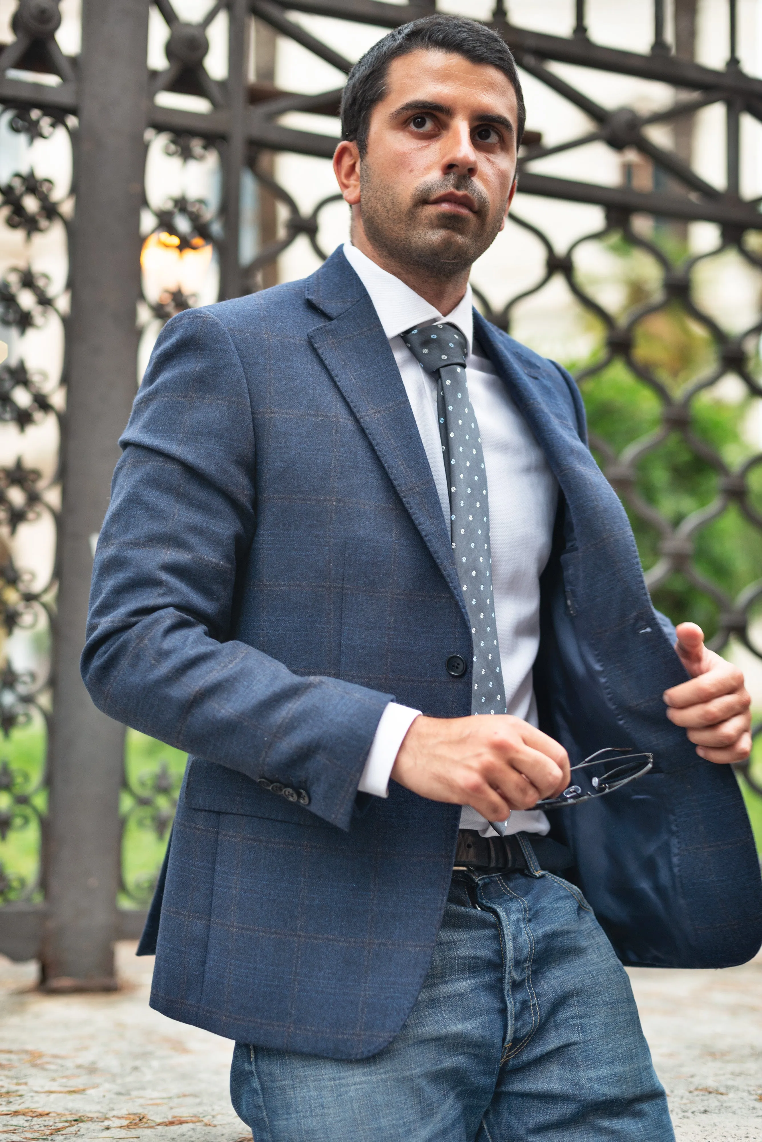 Blue/Grey Windowpane Wool Blazer by Tollegno