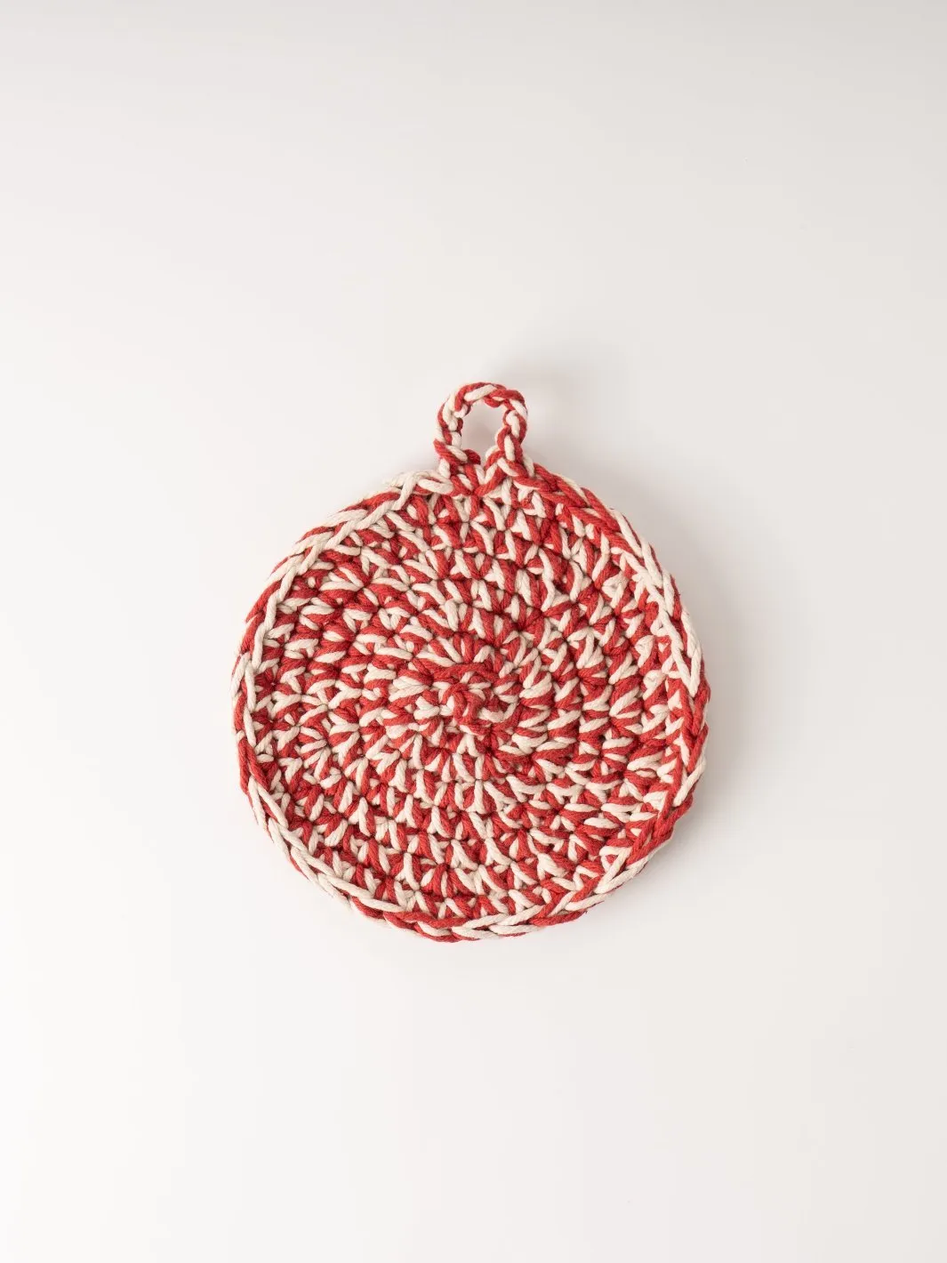 Braided Red and White Cotton Crocheted Pot Holder