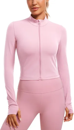 CRZ YOGA Womens Butterluxe Full Zip Cropped Workout Jacket Slim Fit Lightweight Athletic Yoga Tops with Thumb Holes