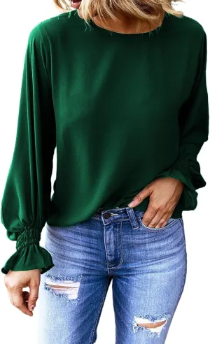 Dokotoo Long Sleeve Shirts for Women 2024 Fashion Fall Ruffle Bubble Sleeve Casual Loose Tops and Blouses
