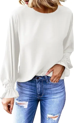 Dokotoo Long Sleeve Shirts for Women 2024 Fashion Fall Ruffle Bubble Sleeve Casual Loose Tops and Blouses