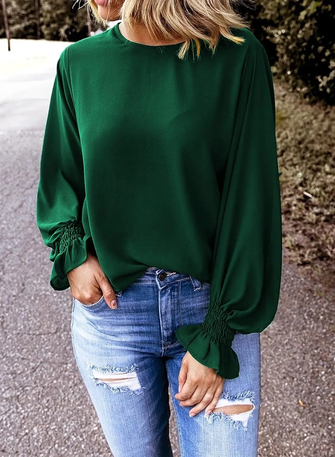 Dokotoo Long Sleeve Shirts for Women 2024 Fashion Fall Ruffle Bubble Sleeve Casual Loose Tops and Blouses