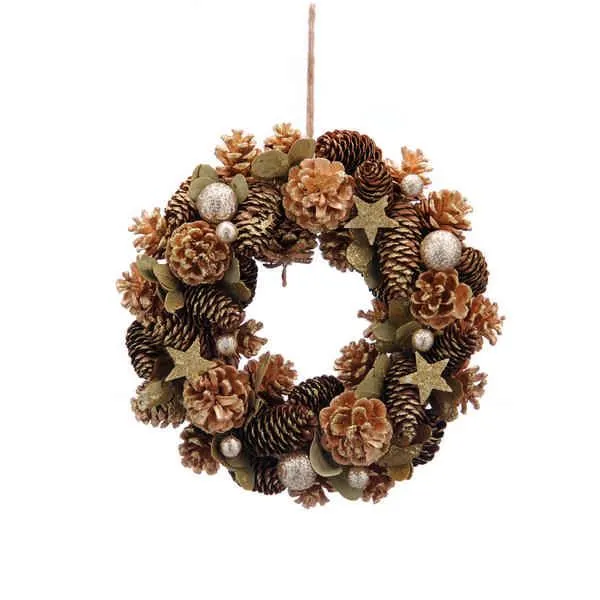 Faux Foliage -  Wreath In Box Green Pinecone And Gold Star