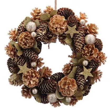Faux Foliage -  Wreath In Box Green Pinecone And Gold Star