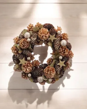 Faux Foliage -  Wreath In Box Green Pinecone And Gold Star