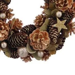 Faux Foliage -  Wreath In Box Green Pinecone And Gold Star
