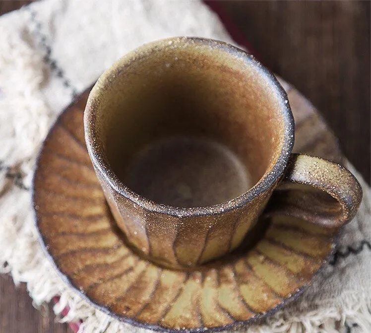 Gohobi Handmade Stoneware Coffee Mug and Saucer Set
