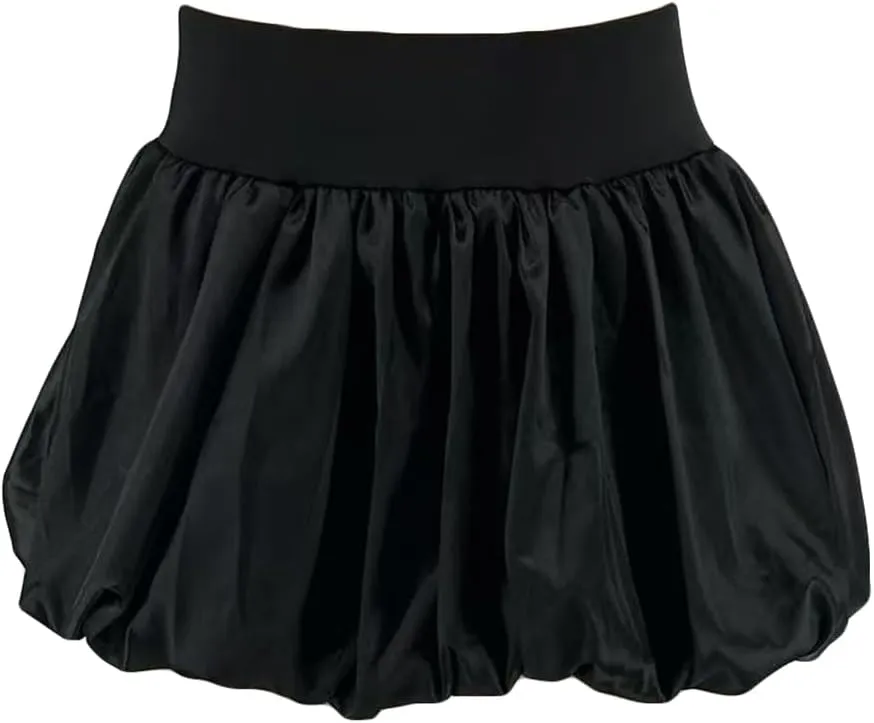LETSVDO Women's Satin Bubble Mini Skirt Y2k Silk Puffy Ruffle Pleated High Waist A Line Balloon Short Skirts