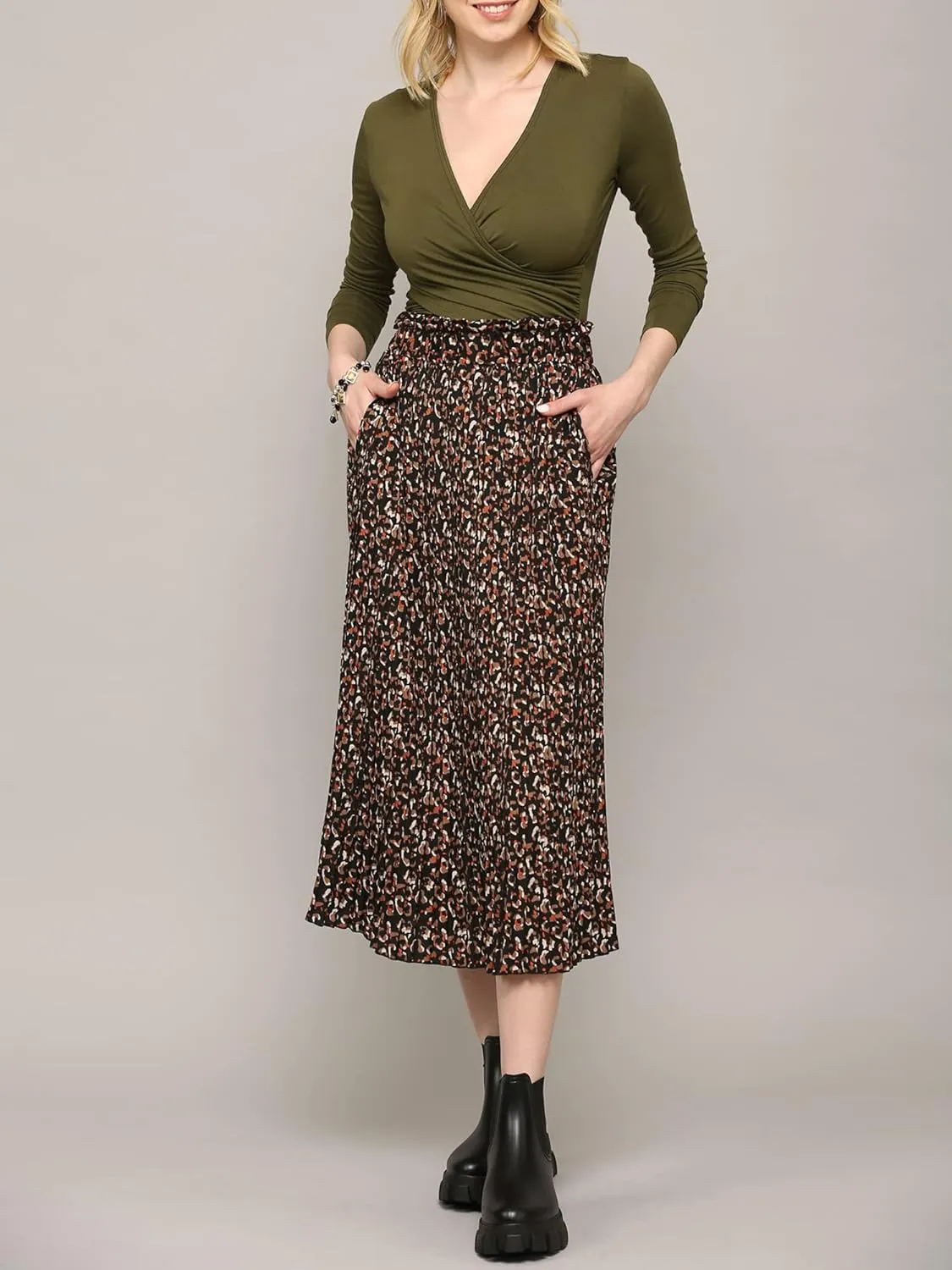 Lock and Love Womens High Waist Polka Dot Pleated Midi Swing Skirt with Pockets