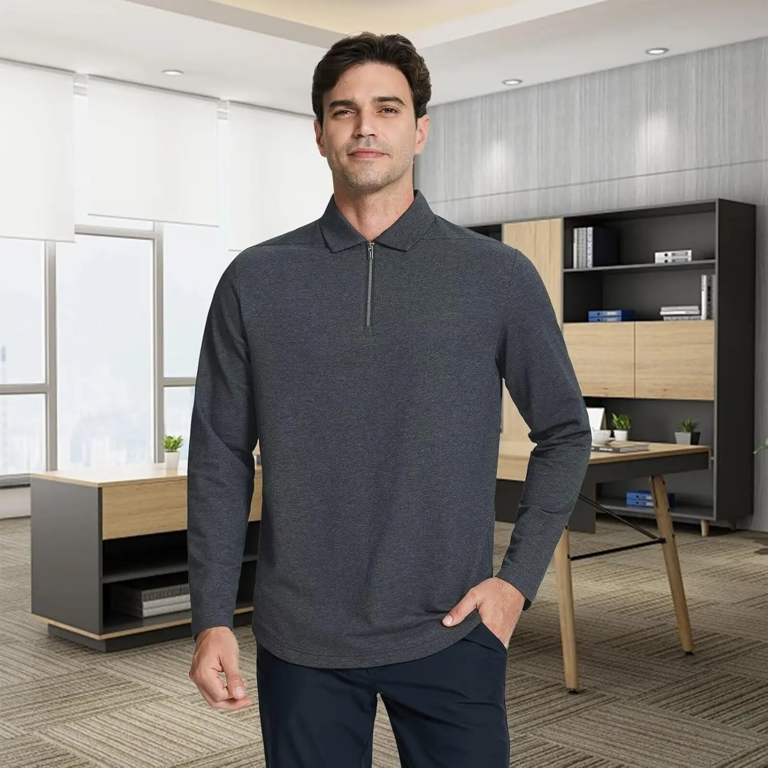 Mens Quarter Zip Polo Shirt Long and Short Sleeve Collared Shirts Moisture Wicking Performance Golf Polo Shirts