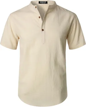 Men's Summer Lightweight Cotton Linen Shirts Casual Short Sleeve Breathable Banded Collar Henley for Beach Vacation