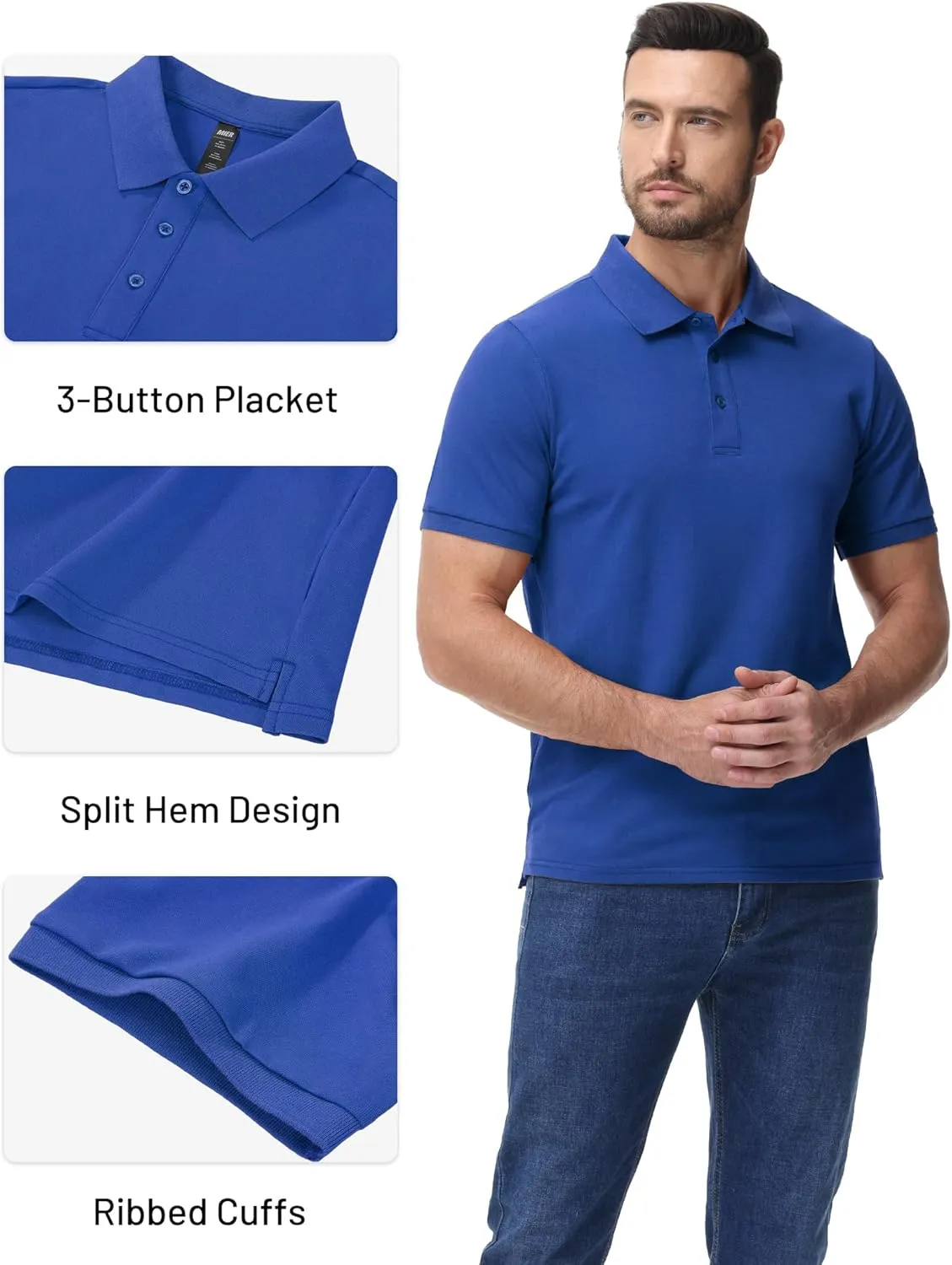 MIER Polo Shirts for Men Cotton Short Sleeve Golf Tennis Collared Shirt for Casual Work Travel, 3 Buttons, Ultra Soft