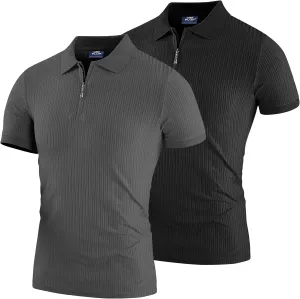 Muscle Polo Shirts for Men Slim Fit Textured Knit Polo Shirts Short Sleeve Mens Collared Shirts Casual Stylish