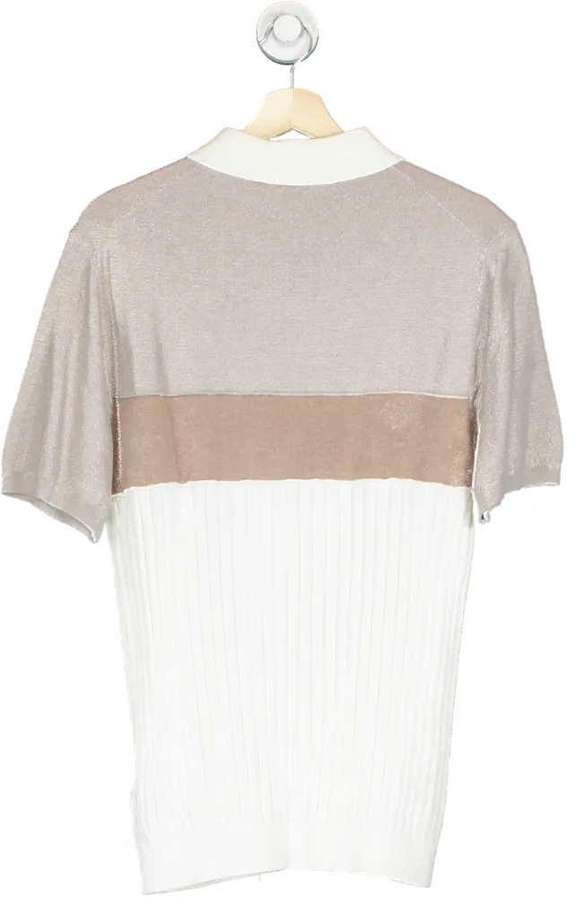 Reiss Beige and White Collared Zip Knit Top UK L