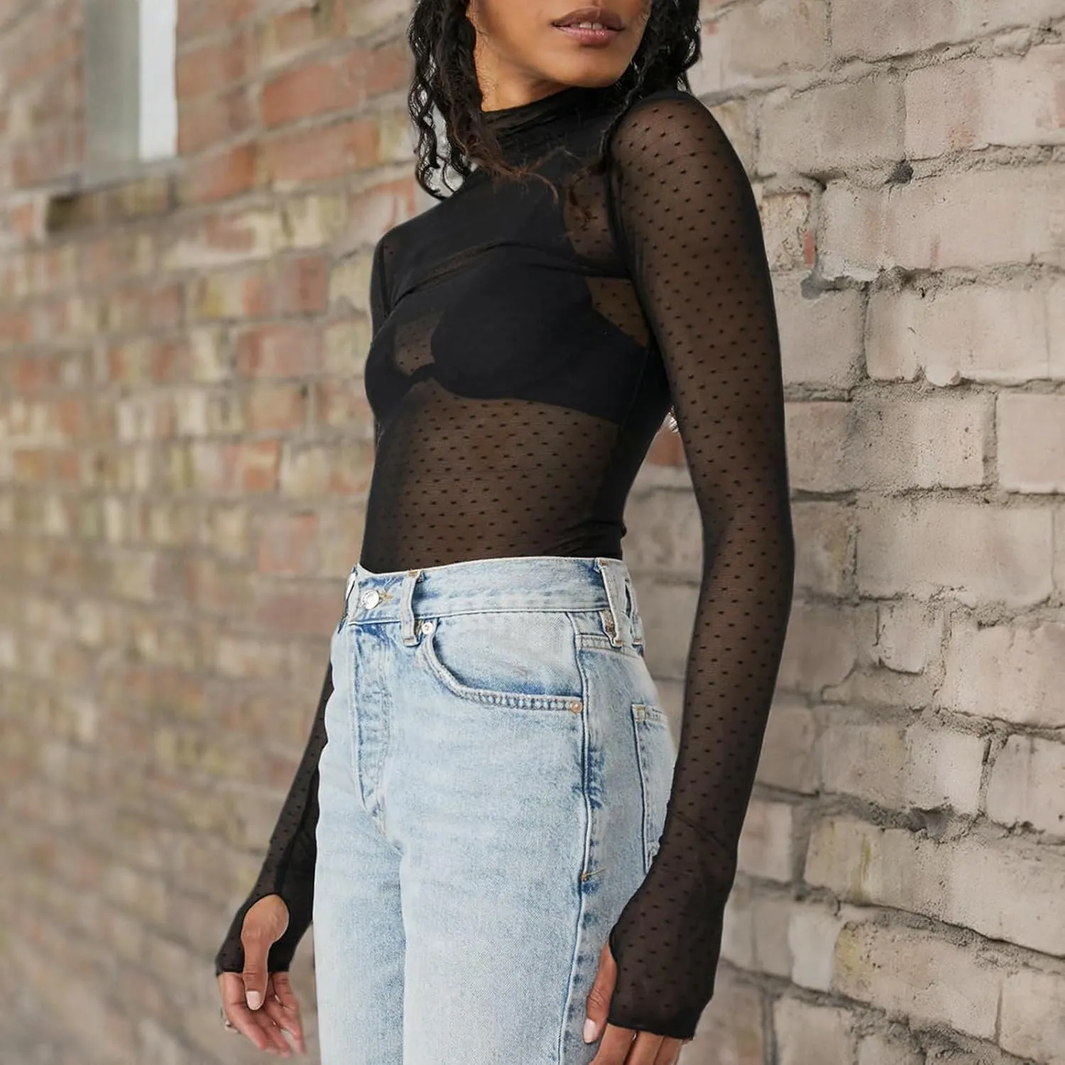 Sheer Mesh Long Sleeve Layering Top for Women Mock Neck Floral Lace Tshirt See Through Tee Shirt Blouse