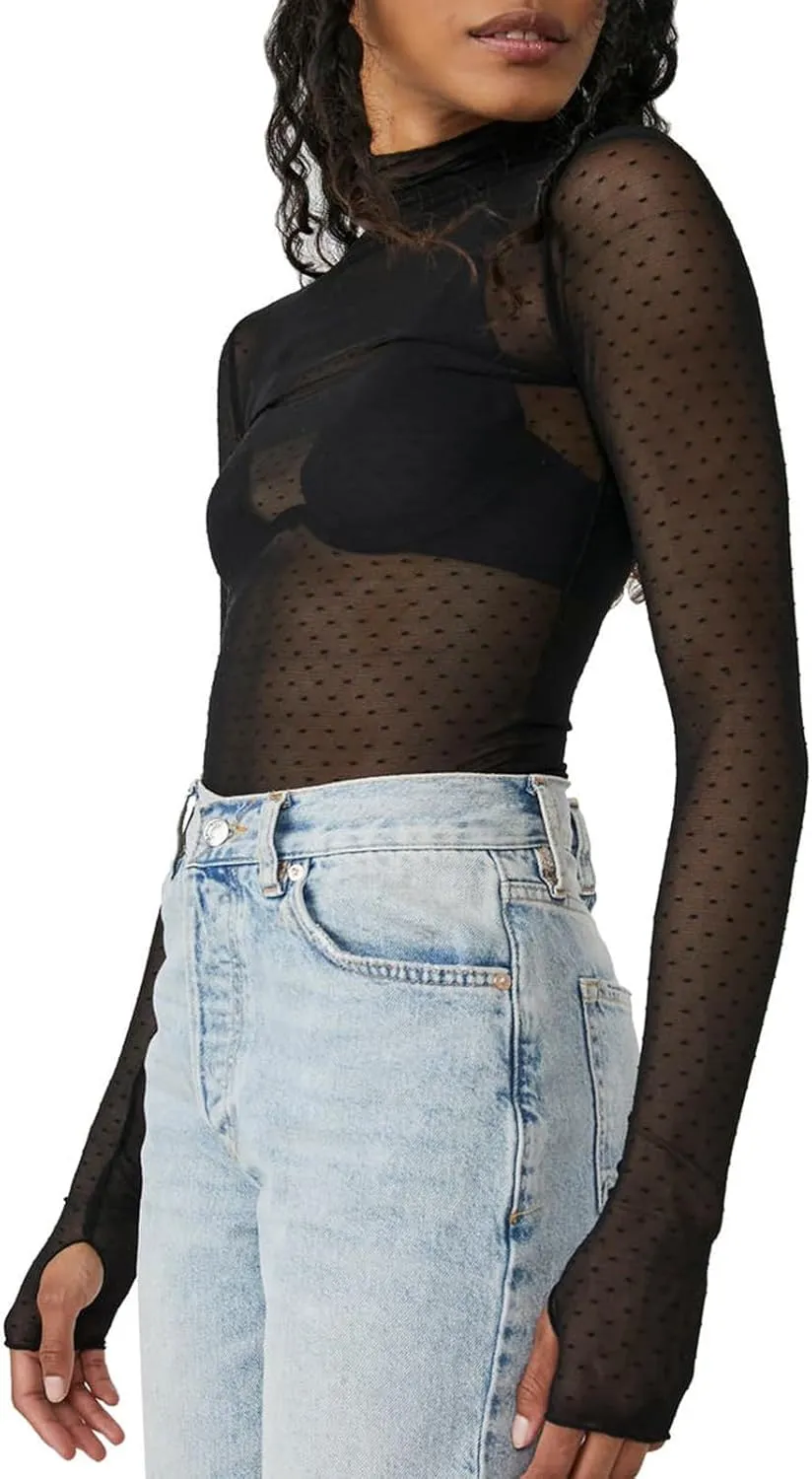 Sheer Mesh Long Sleeve Layering Top for Women Mock Neck Floral Lace Tshirt See Through Tee Shirt Blouse