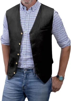 SOLOVEDRESS Men's Summer Leisure Cotton Linen Suit Vest Dress V Neck Waistcoat for Party and Beach