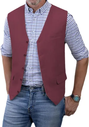 SOLOVEDRESS Men's Summer Leisure Cotton Linen Suit Vest Dress V Neck Waistcoat for Party and Beach