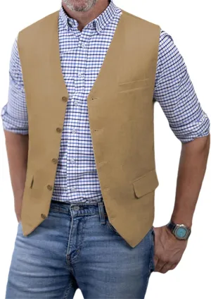 SOLOVEDRESS Men's Summer Leisure Cotton Linen Suit Vest Dress V Neck Waistcoat for Party and Beach