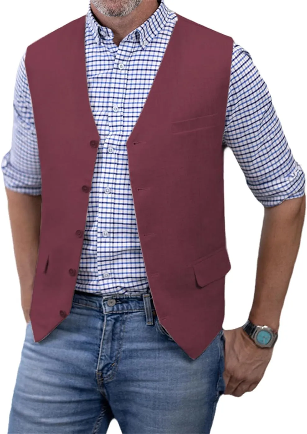SOLOVEDRESS Men's Summer Leisure Cotton Linen Suit Vest Dress V Neck Waistcoat for Party and Beach