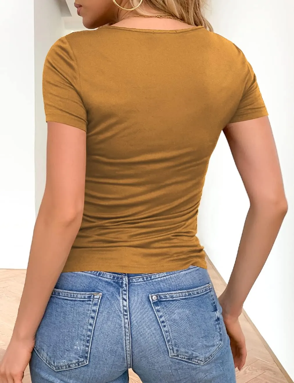 VOIANLIMO Women's Summer Tops Slim Fitted Deep V Neck Cross Wrap Tunic T-Shirt Side ruched Shirring Tees