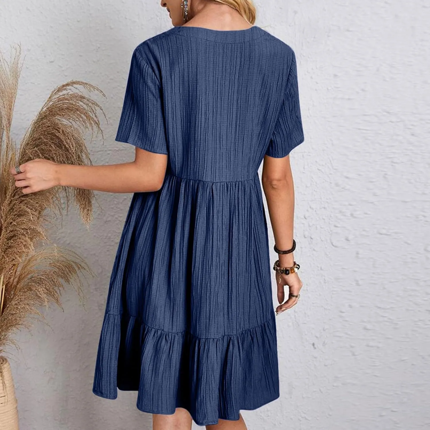 Wkishenl Summer Dresses for Women 2025 Vacation Trendy Short Sleeve V Neck Mini T Shirt Dress Pleated Ruffle Beach Sundresses