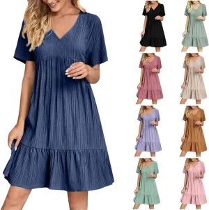 Wkishenl Summer Dresses for Women 2025 Vacation Trendy Short Sleeve V Neck Mini T Shirt Dress Pleated Ruffle Beach Sundresses
