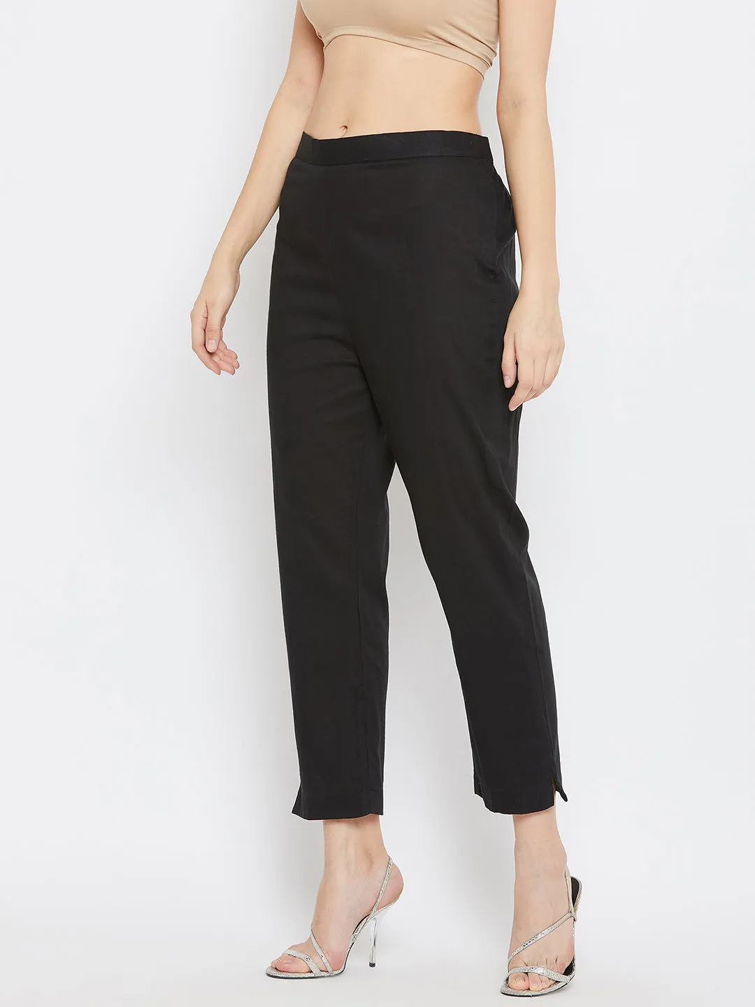 Women Black Regular Fit Solid Pants