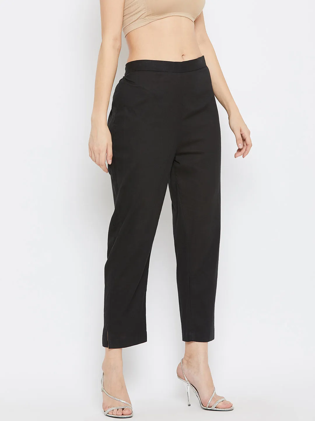 Women Black Regular Fit Solid Pants