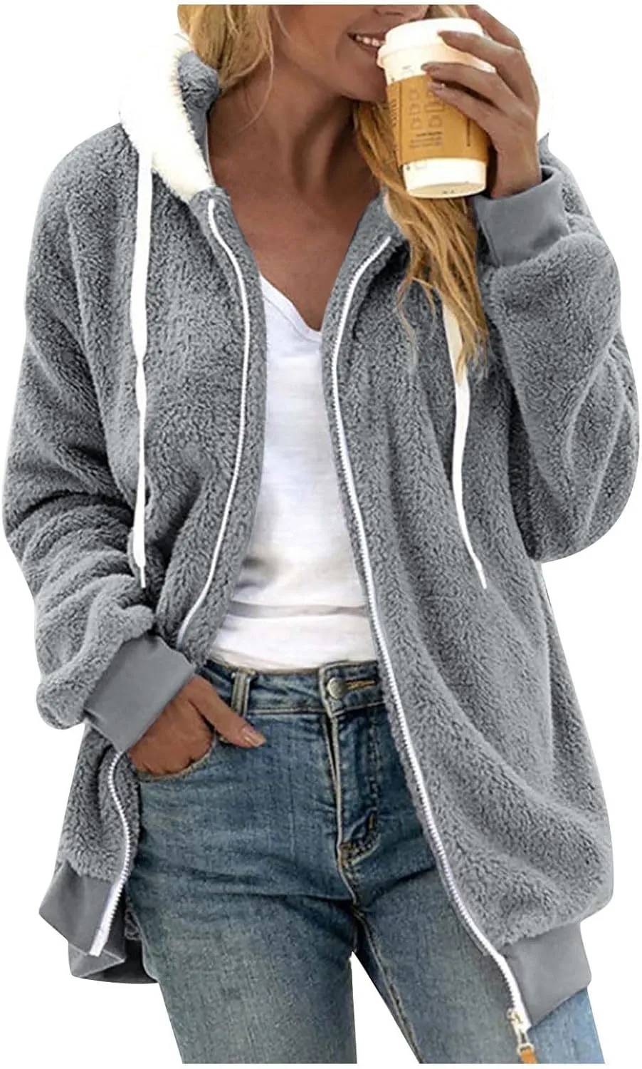 Womens 2024 Winter Fuzzy Fleece Jacket Hooded Solid Color Coats Oversized Fluffy Sherpa Outerwear with Pockets