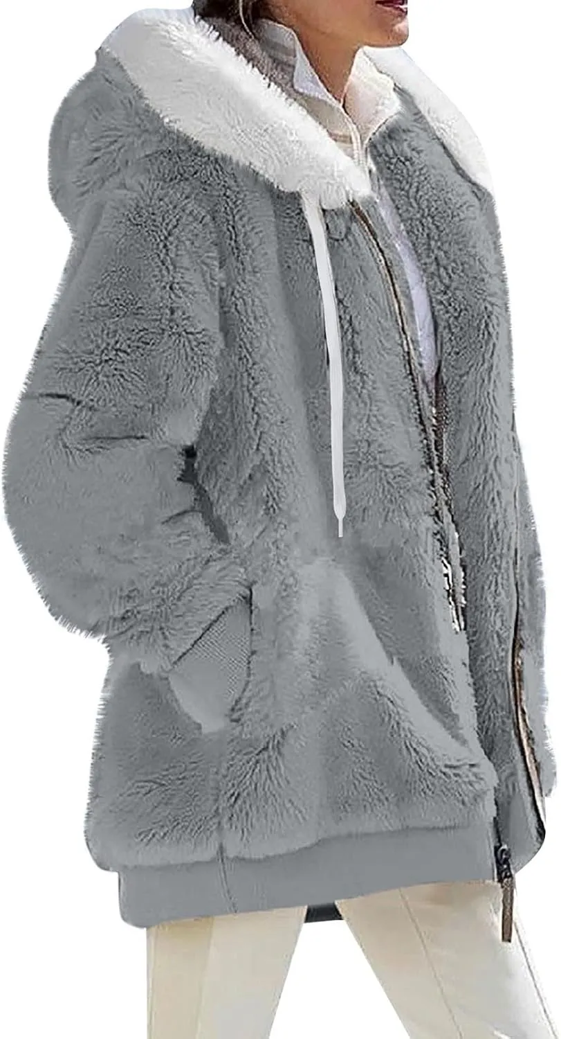Womens 2024 Winter Fuzzy Fleece Jacket Hooded Solid Color Coats Oversized Fluffy Sherpa Outerwear with Pockets