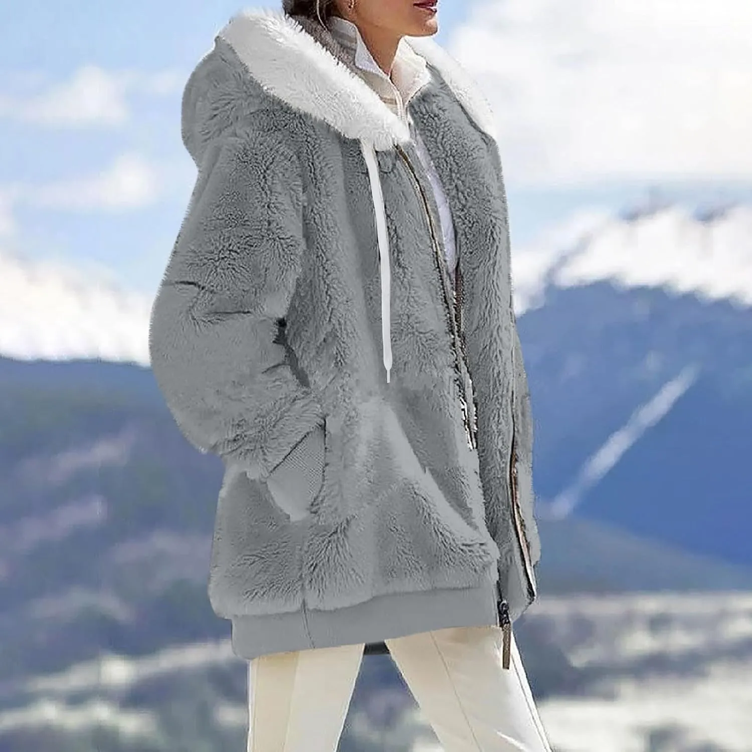 Womens 2024 Winter Fuzzy Fleece Jacket Hooded Solid Color Coats Oversized Fluffy Sherpa Outerwear with Pockets
