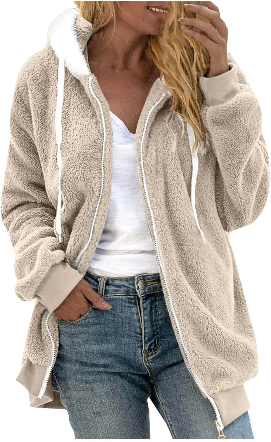 Womens 2024 Winter Fuzzy Fleece Jacket Hooded Solid Color Coats Oversized Fluffy Sherpa Outerwear with Pockets