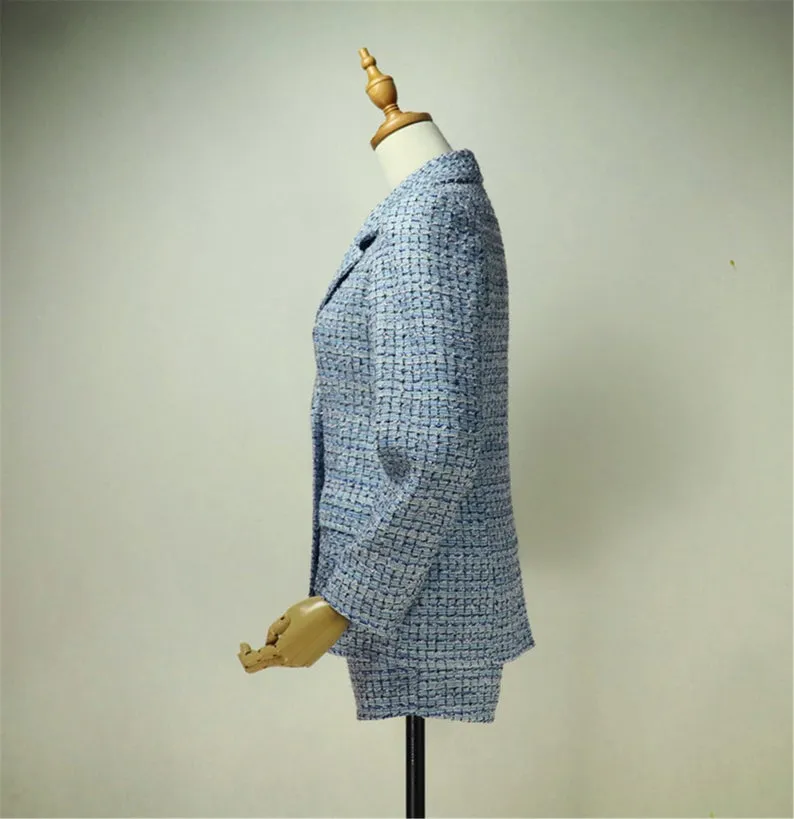 Women's Designer Inspired Custom Made Check Pattern Blue Tweed Blazer   Skirt/Shorts Suit